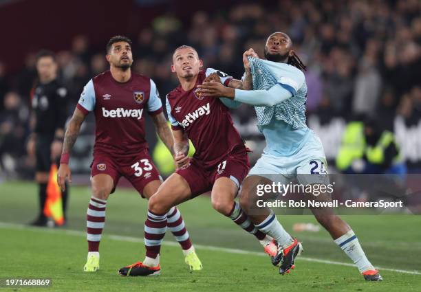 West Ham United's Kalvin Phillips and Bournemouth's Antoine Semenyo during the Premier League match between West Ham United and AFC Bournemouth at...