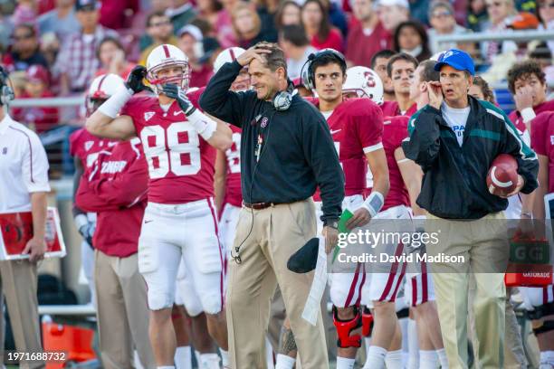 Head Coach Jim Harbaugh of the Stanford Cardinal react during a PAC-12 football game played November 7, 2009 between Stanford University and the...