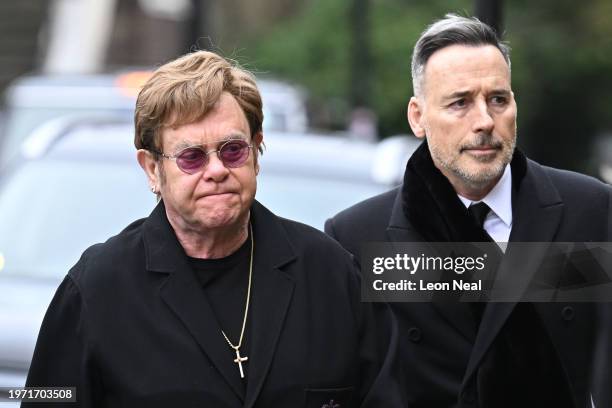 Elton John and David Furnish attend the funeral of Derek Draper at St Mary the Virgin Church, on February 2, 2024 in London, England.