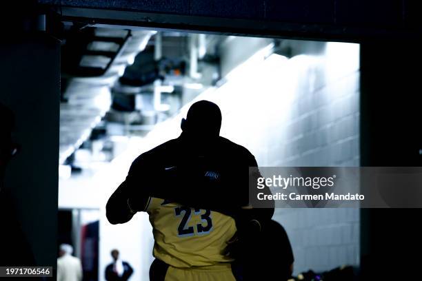LeBron James of the Los Angeles Lakers walks out to the court to face the Houston Rockets at Toyota Center on January 29, 2024 in Houston, Texas....