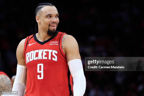 Dillon Brooks of the Houston Rockets looks on against the Los Angeles Lakers during the second half at Toyota Center on January 29, 2024 in Houston,...