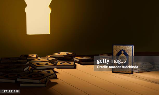 3d, many qurans on the wooden table, islamic concept - the holy al quran with written arabic calligraphy meaning of al quran - arabic calligraphy stock pictures, royalty-free photos & images