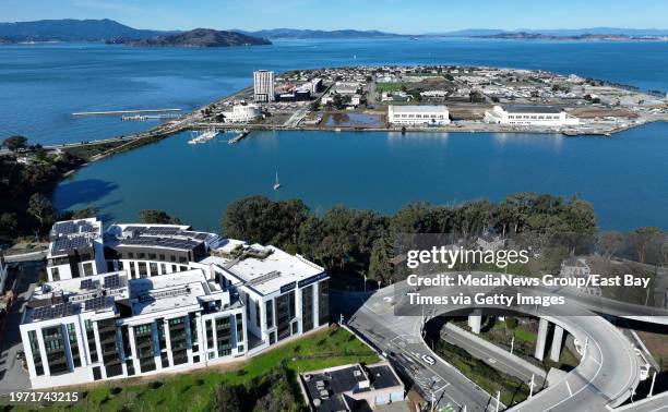 View of The Bristol condominiums, left, and Treasure Island are seen from this drone view on Yerba Buena Island in San Francisco, Calif., on...