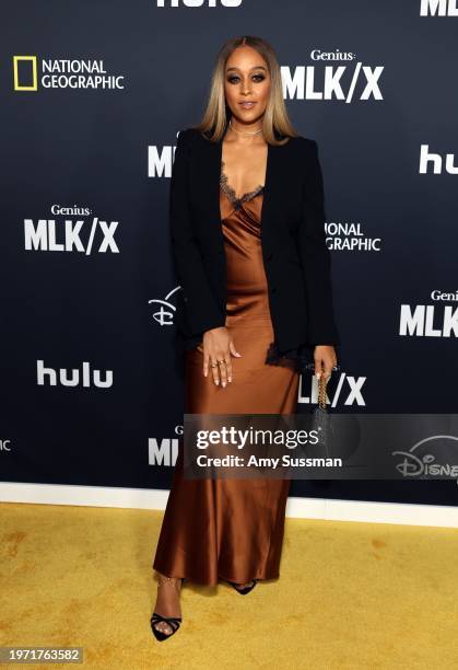 Tia Mowry attends the premiere event for the anthology series "Genius: MLK/X", hosted by National Geographic, at Samuel Goldwyn Theater on January...