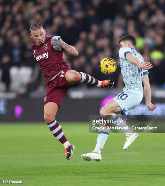 West Ham United's Kalvin Phillips and Bournemouth's Ryan Christie during the Premier League match between West Ham United and AFC Bournemouth at...