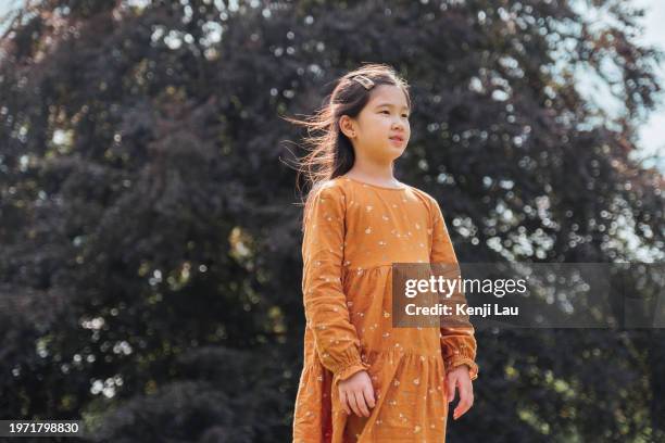 portrait of confidential asian girl standing under sunlight against trees in natural park in sunny summer day. fun and healthy physical outdoor activities for kids. carefree and freedom concept. - nepal celebrates kuse aunsi or fathers day for departed souls stock pictures, royalty-free photos & images