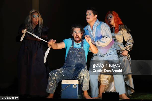 Ben Mingay plays the role of Papageno and Michael Smallwood the role of Tamino during the final dress rehearsal of "The Magic Flute" at Sydney Opera...