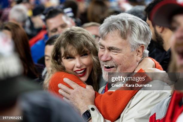 Taylor Swift hugs Ed Kielce after the AFC Championship NFL football game between the Kansas City Chiefs and Baltimore Ravens at M&T Bank Stadium on...