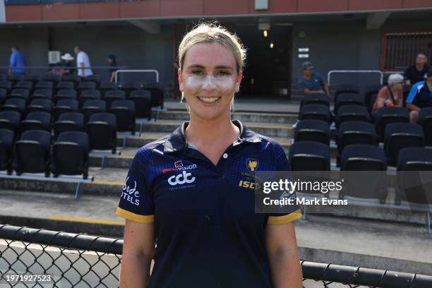 Alisha Bates of the Meteors poses for a photo after being awarded player of the match during the WNCL match between ACT and New South Wales at EPC...