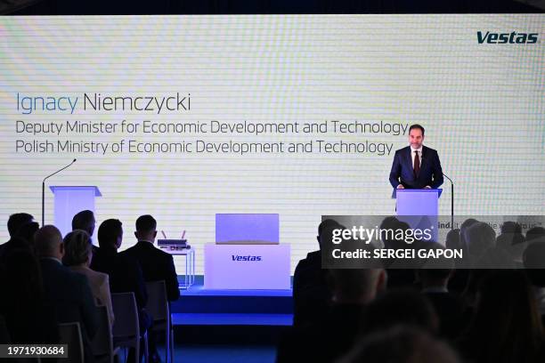 Polish Deputy Minister for Economic Development and Technology Ignacy Niemczycki delivers a speech during the laying of the foundation stone ceremony...