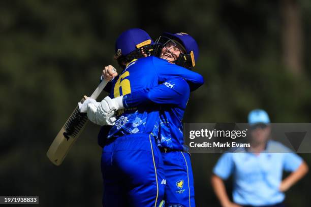 Angelina Genford of the Meteors and Grace Dignam of the Meteors hug after victory during the WNCL match between ACT and New South Wales at EPC Solar...