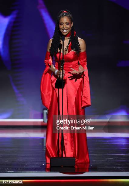 Kira Noir accepts the Best Leading Actress award during the 2024 Adult Video News Awards at Resorts World Las Vegas on January 27, 2024 in Las Vegas,...