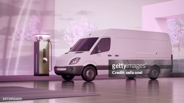 electric transporter charging at the electric vehicle charging station - power line truck stock pictures, royalty-free photos & images