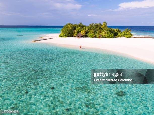 drone view of adult couple on a beach, maldives - ari atoll stock pictures, royalty-free photos & images