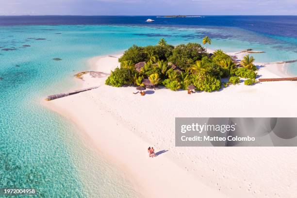 drone view of adult couple on a beach, maldives - ari atoll stock pictures, royalty-free photos & images