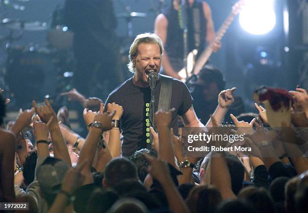 James Hetfield of Metallica performs on stage at the mtvICON: Metallica tribute special held at the Universal Amphitheatre on May 3rd, 2003 in...