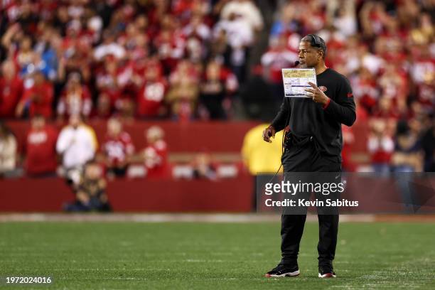 Defensive coordinator Steve Wilks of the San Francisco 49ers coaches from the sidelines during the NFC Championship NFL football game against the...