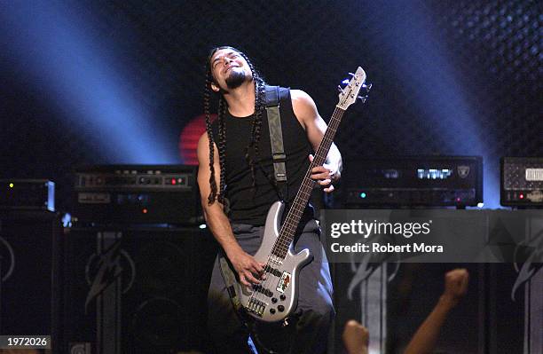 Robert Trujillo of Metallica performs on stage at the mtvICON: Metallica tribute special held at the Universal Amphitheatre on May 3rd, 2003 in...