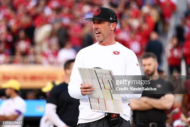 Head coach Kyle Shanahan of the San Francisco 49ers looks on prior to the NFC Championship NFL football game against the Detroit Lions at Levi's...