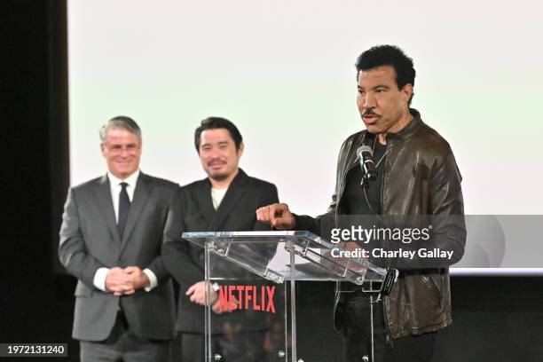 Adam Del Deo, VP Doc Series & Film, Netflix, Bao Nguyen, and Lionel Richie speak onstage during "The Greatest Night in Pop" Los Angeles Screening at...