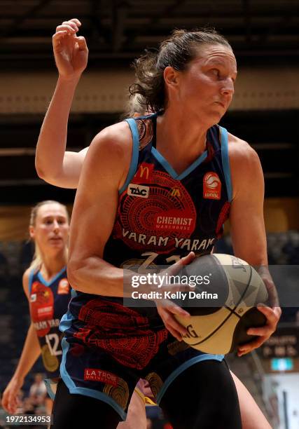 Kelsey Griffin of the Spirit handles the ball during the WNBL match between Bendigo Spirit and Melbourne Boomers at Red Energy Arena, on January 30...