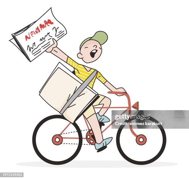 kid with bicycle deliver newspaper - pre adolescent child stock illustrations