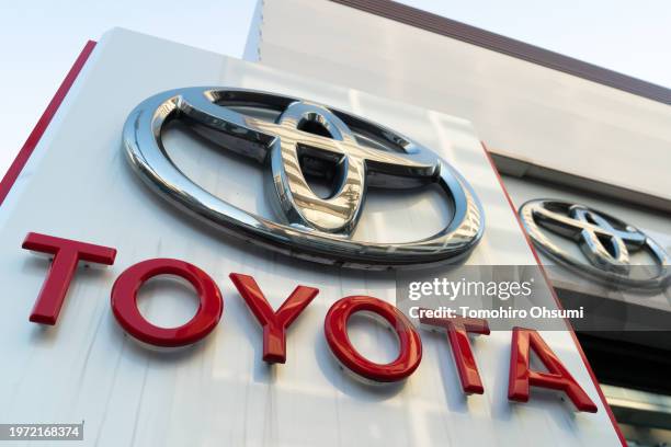 Sign is displayed outside a Toyota Motor Corp. Dealership on January 30, 2024 in Tokyo, Japan. Toyota Motor Corp. Chairman Akio Toyoda briefed the...