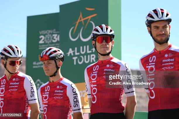 Nolann Mahoudo of France and Ben Hermans of Belgium and Team Cofidis prior to the 4th AlUla Tour 2024, Stage 1 a149.5km stage from Al Manshiyah Train...
