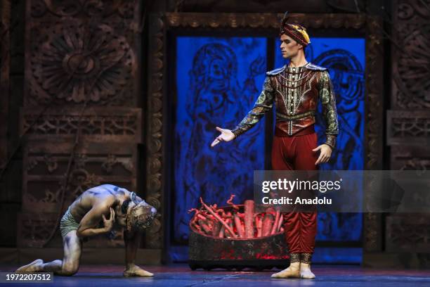 Ballets perform during the rehearsal of the 'La Bayadere' ballet, one of the masterpieces of classical ballet that reflects Indian culture on the...