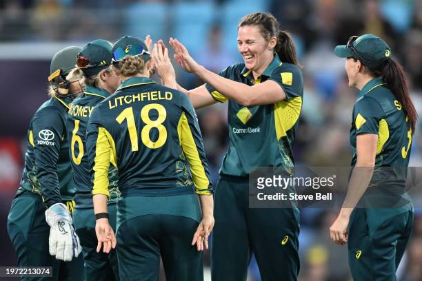 Tahlia McGrath of Australia celebrates the wicket of Marizanne Kapp of South Africa during game three of the Women's T20 International series between...