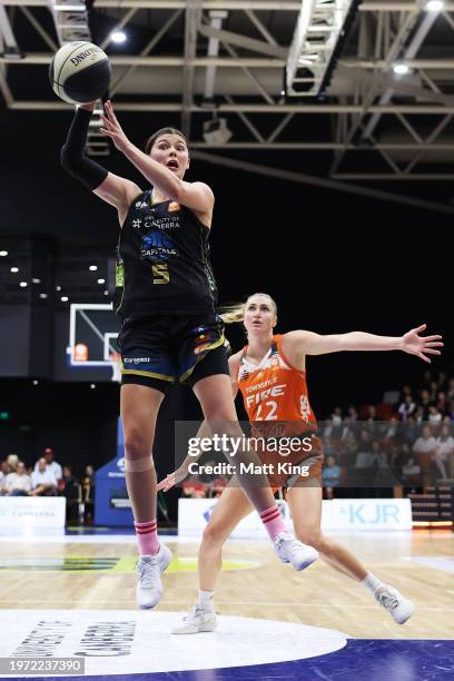 Jade Melbourne of the Capitals passes during the WNBL match between UC Capitals and Townsville Fire at National Convention Centre, on January 30 in...