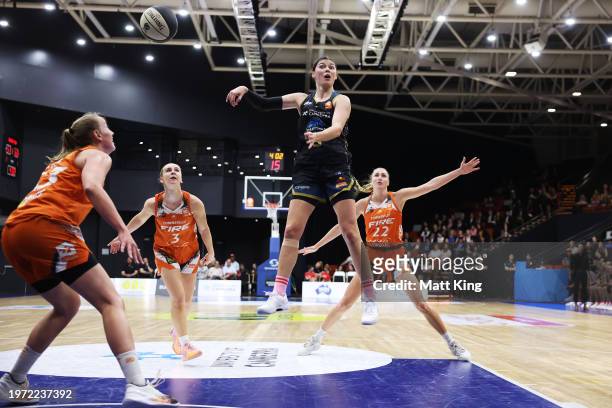 Jade Melbourne of the Capitals passes during the WNBL match between UC Capitals and Townsville Fire at National Convention Centre, on January 30 in...