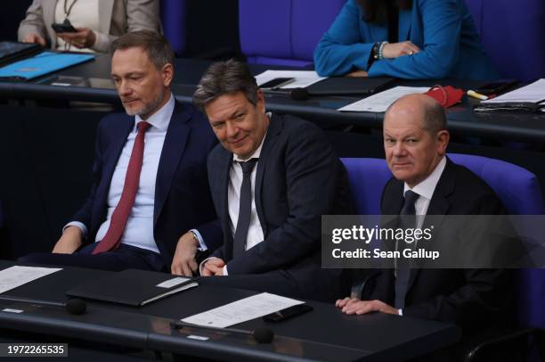 German Federal Finance Minister Christian Lindner, Economy and Climate Action Minister Robert Habeck and Chancellor Olaf Scholz attend debates about...