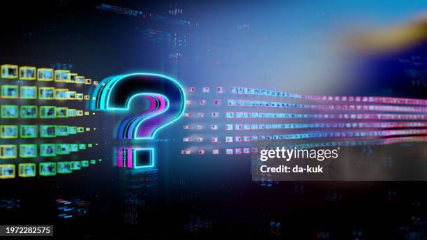 got questions? got answers. digital question hologram on future tech background. futuristic question icon in world of technological progress and innovation. cgi 3d render - virtual q and a stock pictures, royalty-free photos & images