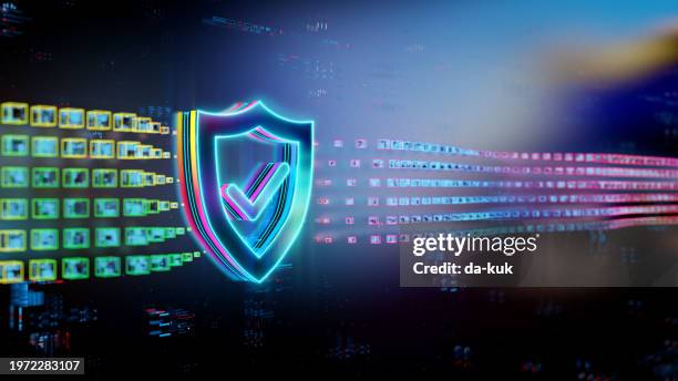 digital shield icon hologram on future tech background. security and safety evolution. futuristic shield icon in world of technological progress and innovation. cgi 3d render - datos personales fotografías e imágenes de stock