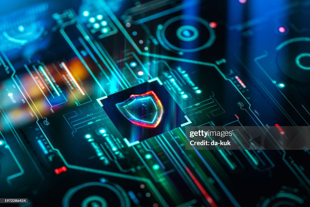 Digital security and privacy background. Cyber and crypto security shield on futuristic screen technology background.