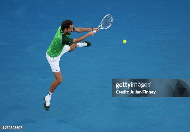 Daniil Medvedev in action during their Men's Singles Final match against Jannik Sinner of Italy during the 2024 Australian Open at Melbourne Park on...