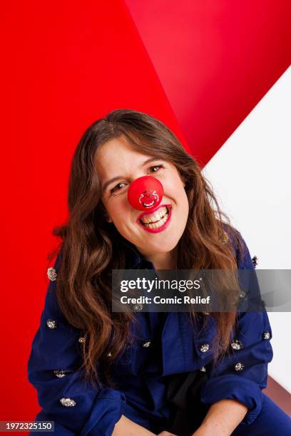 Comedian Rosie Jones supports Red Nose Day 2024 by wearing one of the new Red Noses. Plastic free, recyclable and plant-based on December 12, 2023 in...