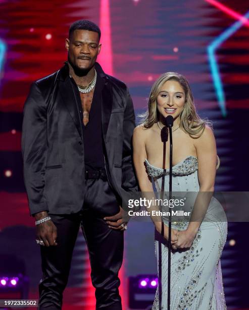 Jason Luv and Abella Danger present an award during the 2024 Adult Video News Awards at Resorts World Las Vegas on January 27, 2024 in Las Vegas,...
