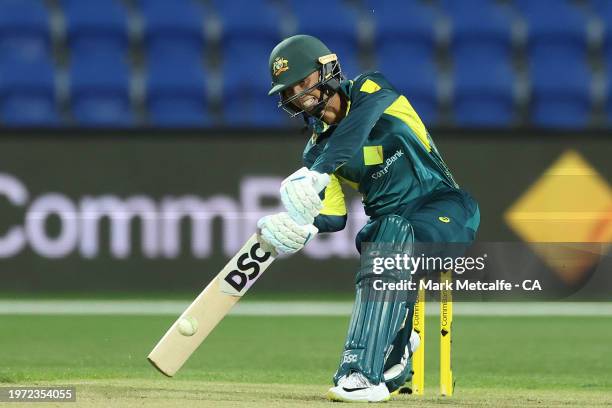 Ashleigh Gardner of Australia bats during game three of the Women's T20 International series between Australia and South Africa at Blundstone Arena...