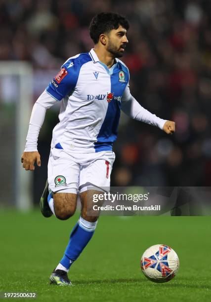 Dilan Markanda of Blackburn Rovers on the ball during the Emirates FA Cup Fourth Round match between Blackburn Rovers and Wrexham at Ewood Park on...