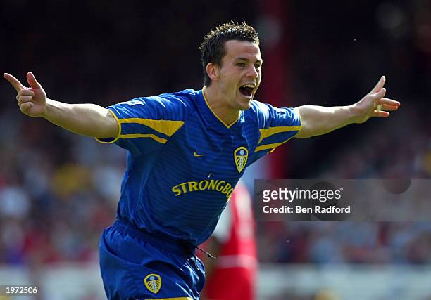 Ian Harte of Leeds United celebrates scoring their second goal during the FA Barclaycard Premiership match between Arsenal and Leeds United at...