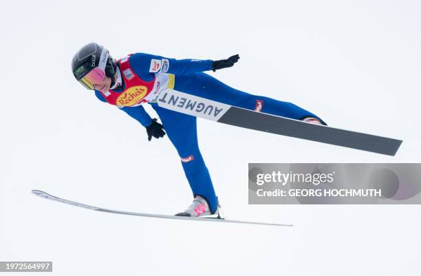 Austria's Annalena Slamik soars through the air during a trial round of the FIS Women's Nordic Combined World Cup in Seefeld, Austria on February 2,...