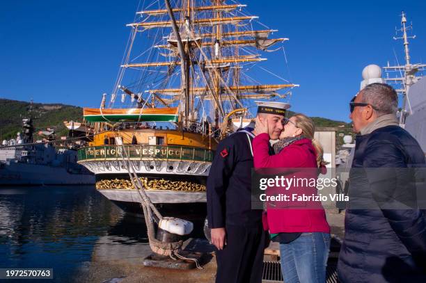 Mother greets her son as a sailor on the Italian Navy's Amerigo Vespucci ship before disembarking from the port of La Spezia on April 19, 2017 in La...