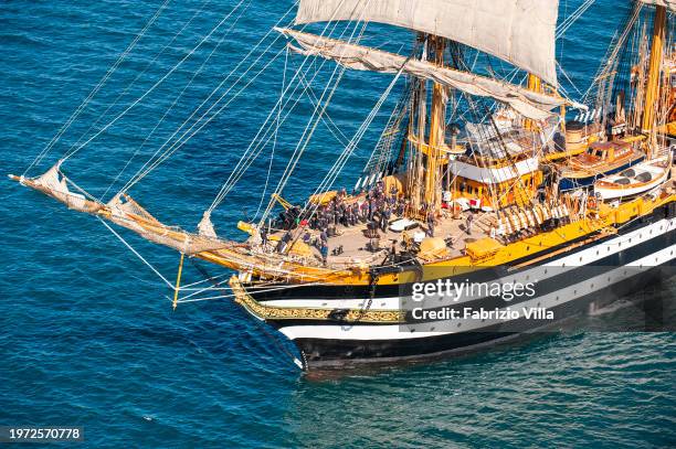 Aerial view of the foredeck with trainee officers on the Italian Navy's historic sailing ship Amerigo Vespucci sailing from the port of La Spezia....