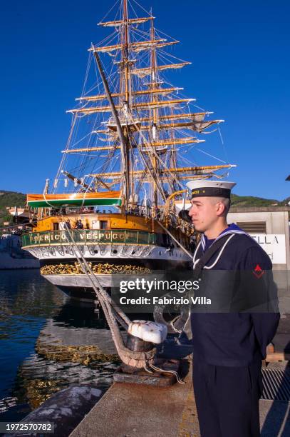 Sailor from the Italian Navy's Amerigo Vespucci ship before disembarking from the port of La Spezia on April 19, 2017 in La Spezia, Italy. The Nave...