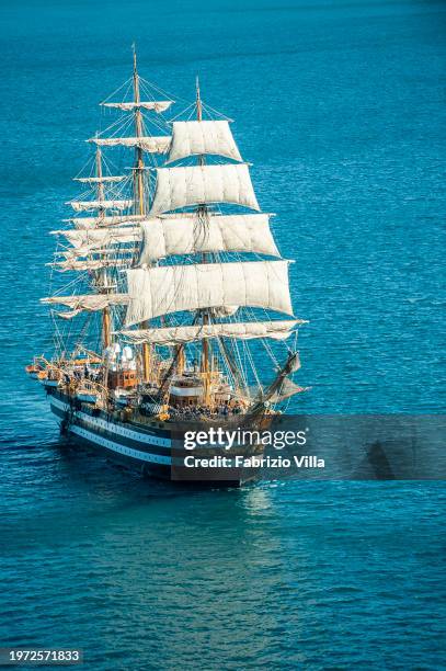 Aerial view of the Italian Navy's historic sailing ship Amerigo Vespucci sailing from the port of La Spezia. The ship is considered the most...