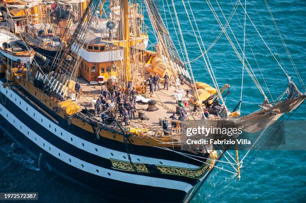 Aerial view of the foredeck with trainee officers on the Italian Navy's historic sailing ship Amerigo Vespucci sailing from the port of La Spezia....