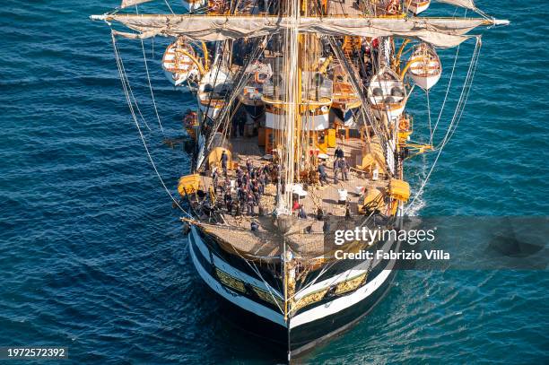 Aerial view of the foredeck with trainee officers on the Italian Navy's historic sailing ship Amerigo Vespucci sailing from the port of La Spezia....