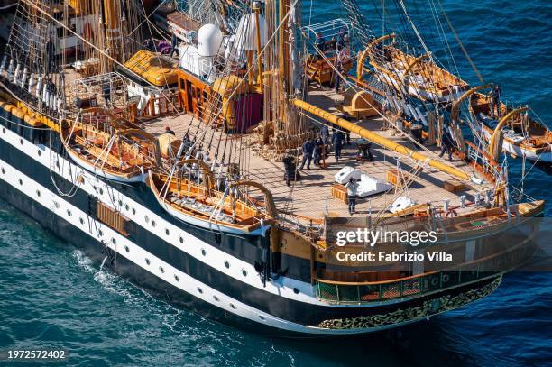 Aerial view of the stern deck with trainees on the Italian Navy's historic sailing ship Amerigo Vespucci sailing from the port of La Spezia. The ship...